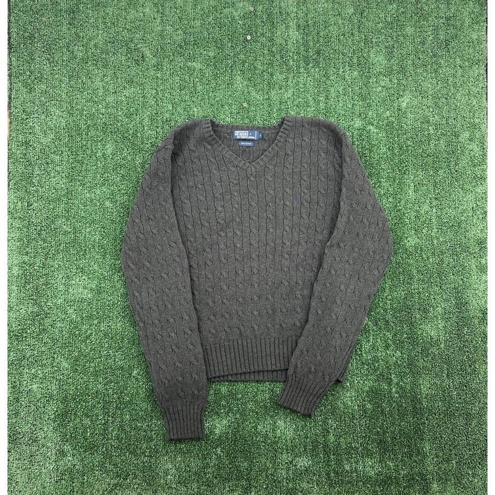 Vintage Polo Ralph Lauren Cable Knit Sweater Men L Grey V Neck Pony Cotton